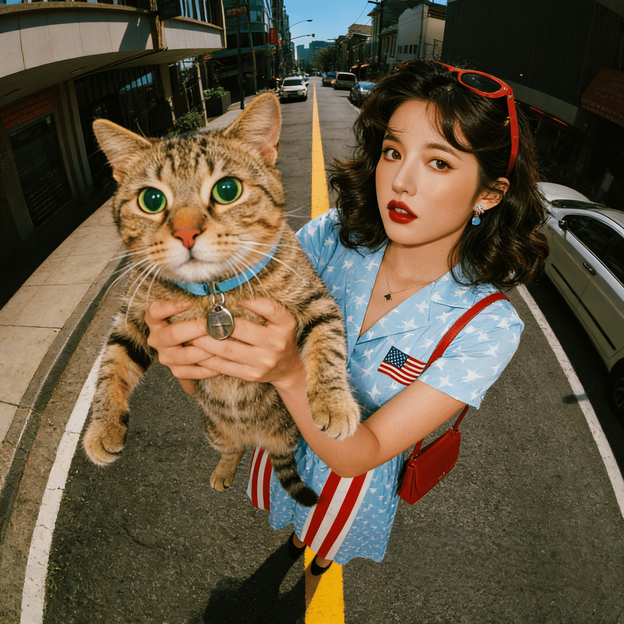 A high-angle, fisheye lens shot of a stylish young Asian woman holding a tabby cat close to the camera. The woman has wavy dark hair, red lipstick, and red sunglasses perched on her head. She is wearing a blue dress with white stars and red and white vertical stripes, resembling the American flag, and carrying a small red shoulder bag. The cat has wide green eyes, a blue collar, and a surprised expression. They are standing in the middle of a city street on the yellow center line. The background shows city buildings, parked cars, and a sunny blue sky. The image features distinct wide-angle distortion, vibrant colors, sharp focus, and a fun, dynamic street photography style.